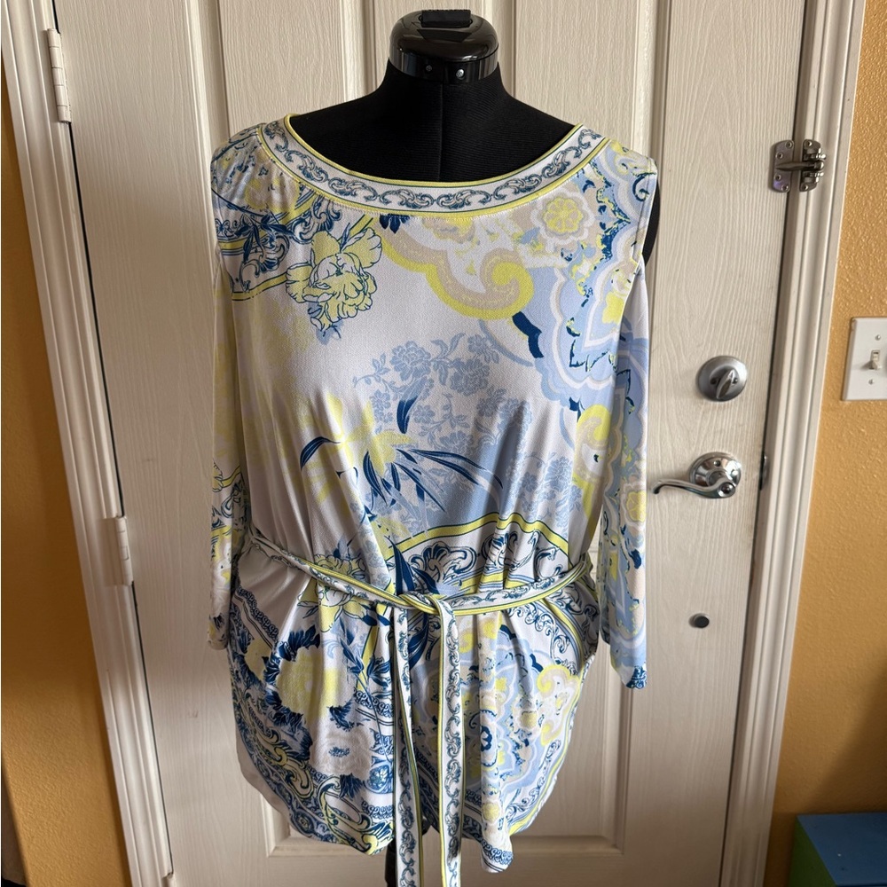 JM Collection Blue and Yellow Floral Tunic Top